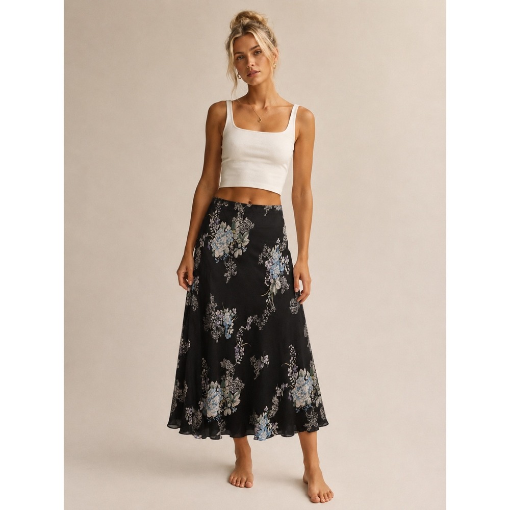 VTG Y2K 90s‎ Floral Paisley Midi Skirt Whimsigoth Fairy Dark Romantic Black Sz S